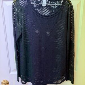 Cache Black Long-Sleeve Lace Mesh Top